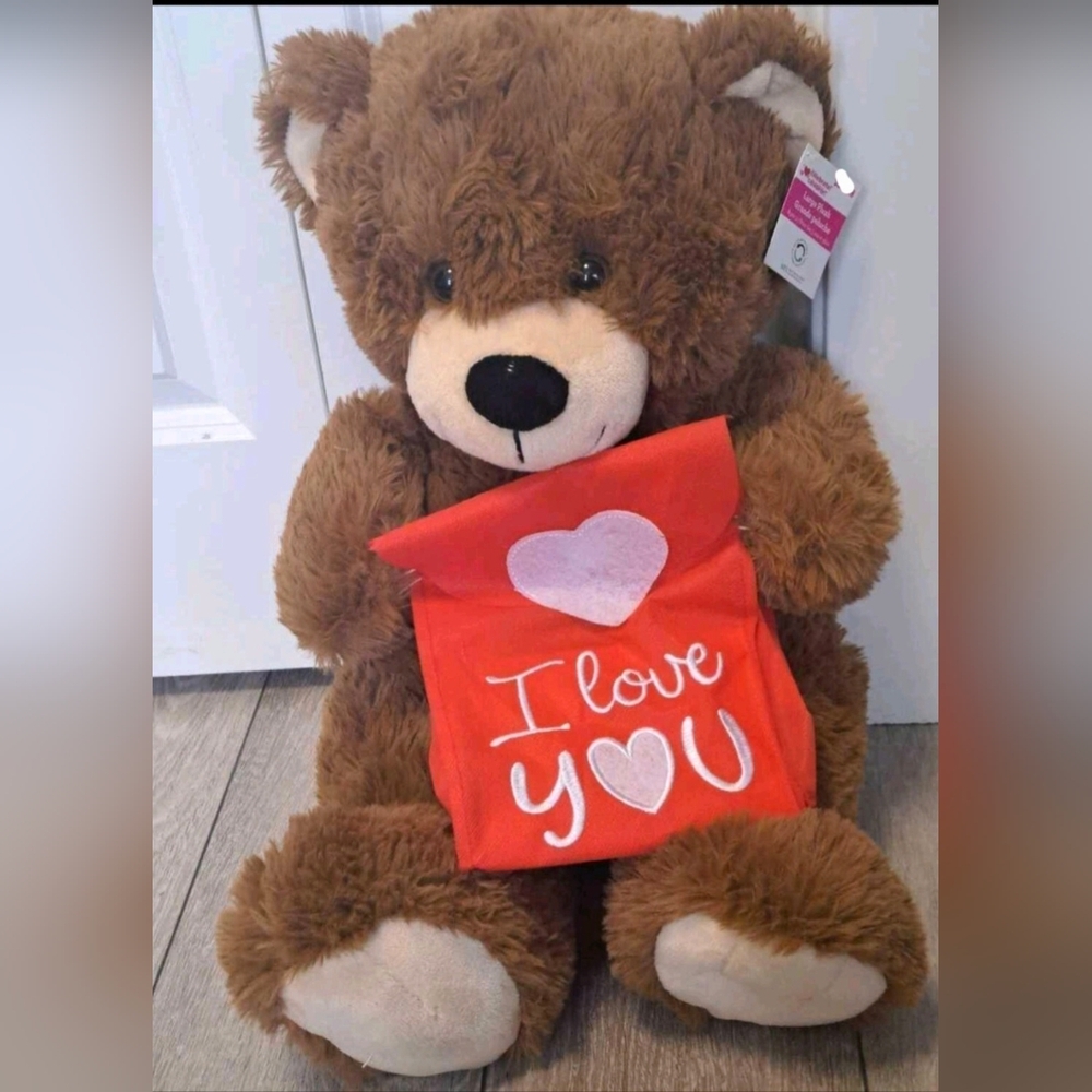 Way To Celebrate Large Size Brown Teddy Bear with Red Heart Bag; I LOVE YOU. NEW
